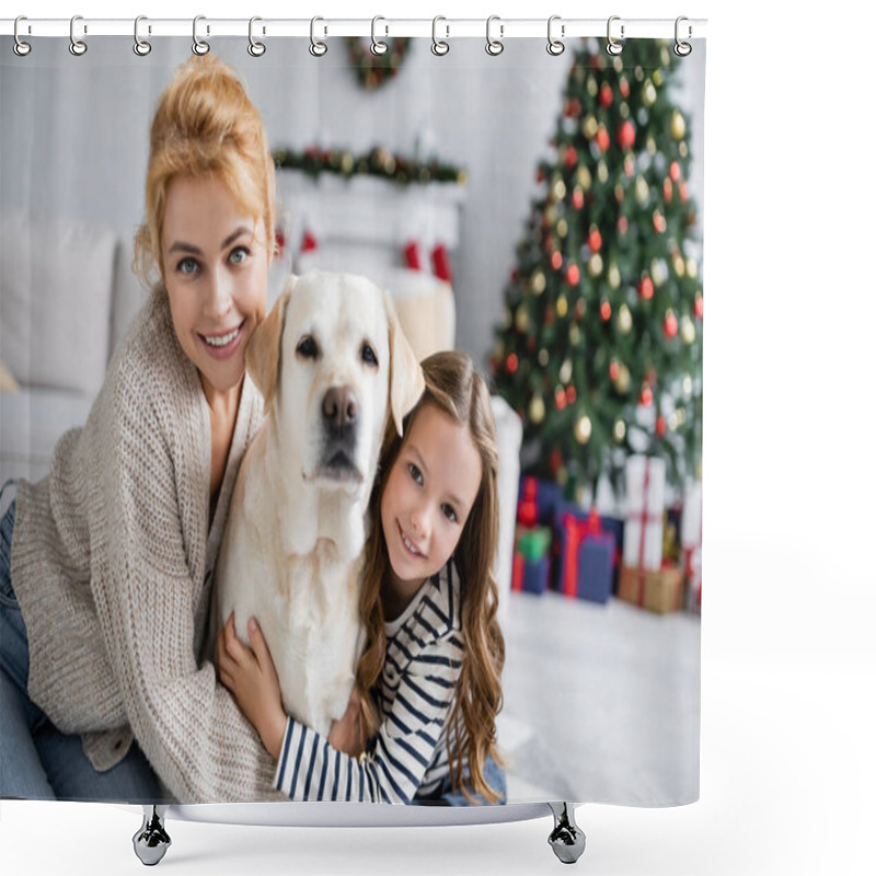 Personality  Kid Hugging Labrador Near Mom And Looking At Camera During Christmas At Home  Shower Curtains