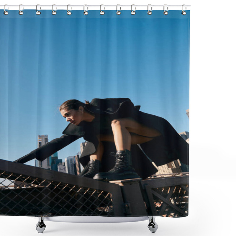 Personality  A Young Woman In A Black Coat Dances On A Bridge In New York City. Shower Curtains