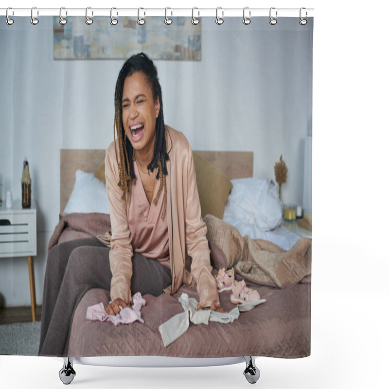 Personality  Despair, African American Woman Crying Near Baby Clothes On Bed, Miscarriage Concept, Depression Shower Curtains