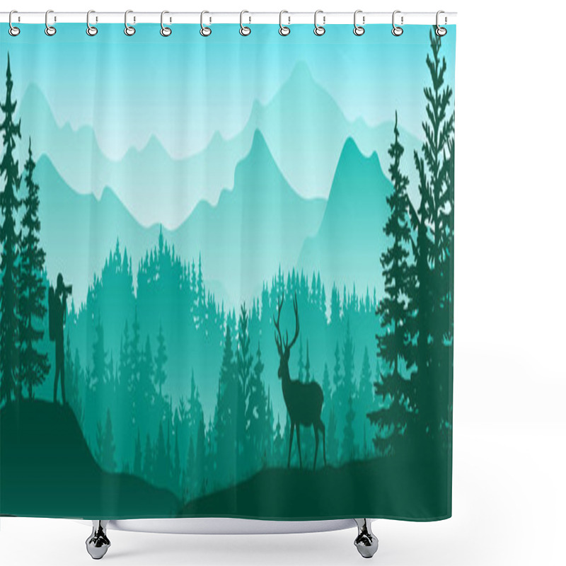 Personality  Photographer On Meadow In Forest Take Picture Of Deer. Silhouette Of Tree, Man, Animal, Mountains. Wild Nature Landscape. Horizontal Banner.	 Shower Curtains