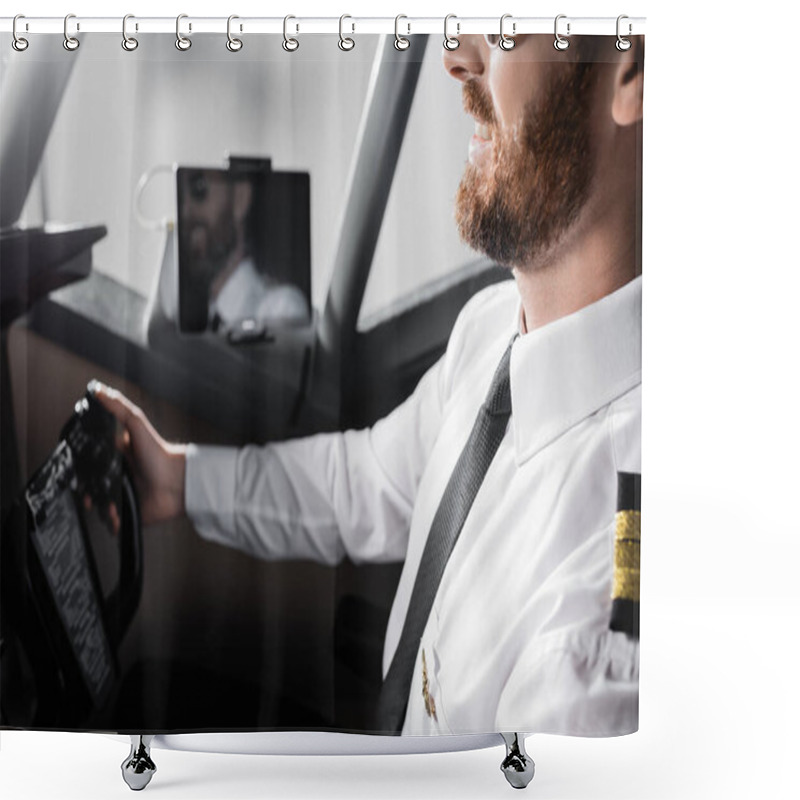 Personality  Cropped View Of Cheerful Pilot In Uniform With Badge Using Yoke Shower Curtains