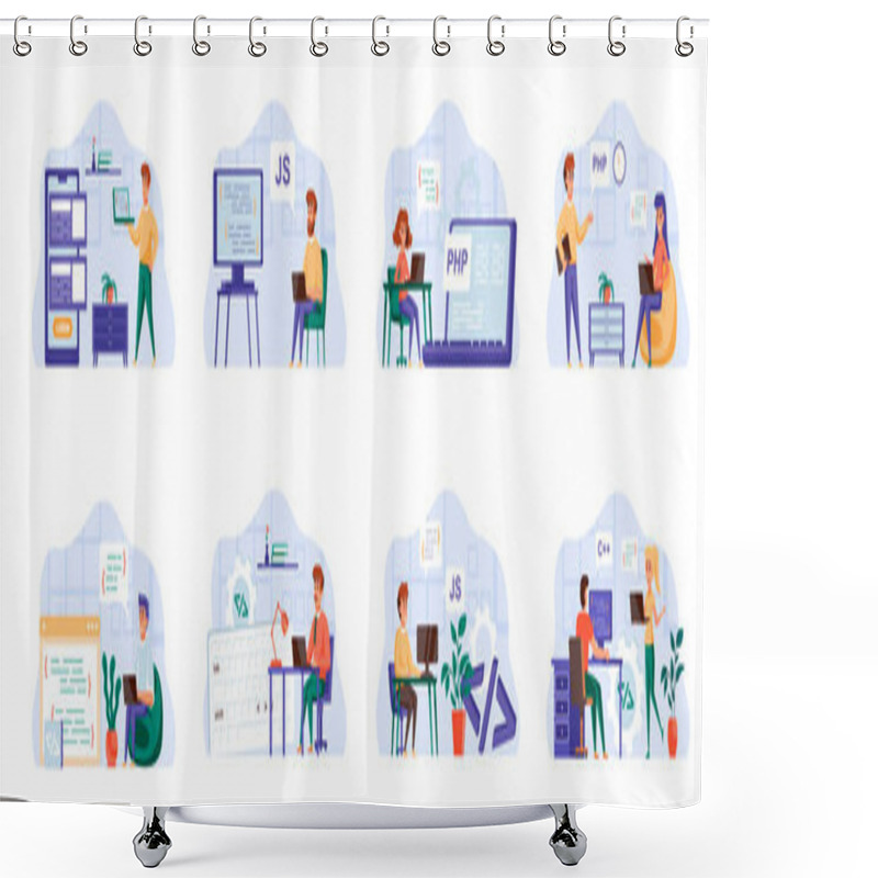 Personality  Programming Scenes Bundle With People Characters. Frontend And Backend Developers Team Working In Office, Web Design And Software Engineering Situations. Programs Development Flat Vector Illustration Shower Curtains