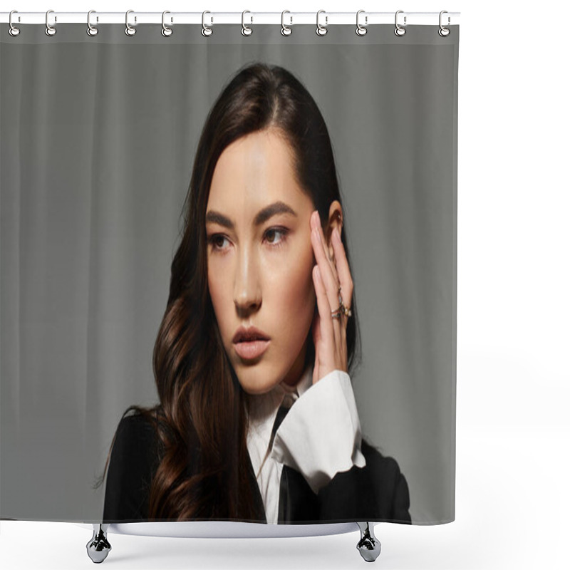 Personality  A Lovely Young Woman With Long Brown Hair Poses In Stylish Attire Against A Grey Background. Shower Curtains