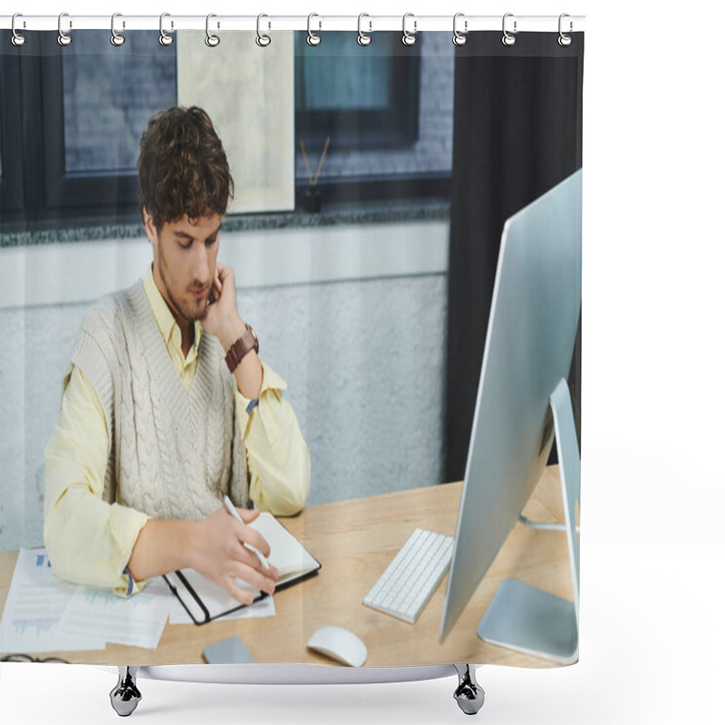 Personality  Young Professional In A Modern Office Diligently Taking Notes While Working. Shower Curtains