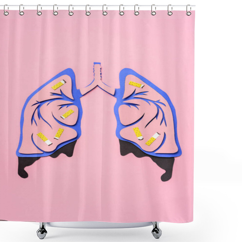 Personality  Top View Of Human Lungs With Cigarettes On Pink, Lung Cancer Awareness Concept Shower Curtains