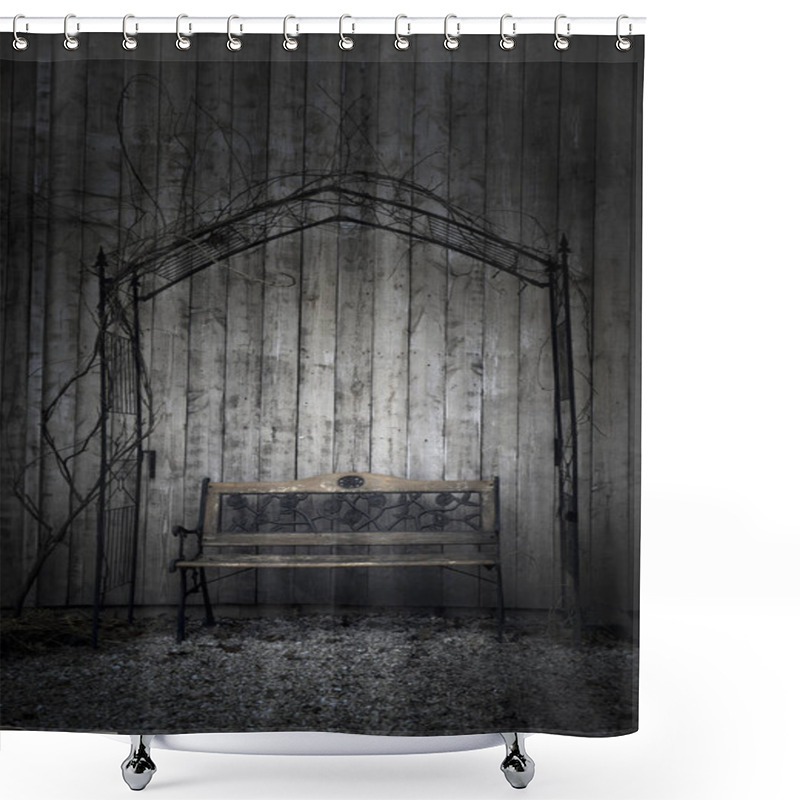 Personality  Retro Garden Bench Near A Wooden Barn, In A Cold Day Of January, Under A Metal Arch Shower Curtains