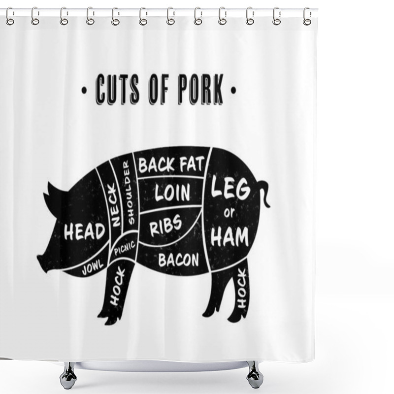 Personality  Butcher's Guide: Cuts Of Pork Scheme. Illustration Of Pig On White Background Shower Curtains