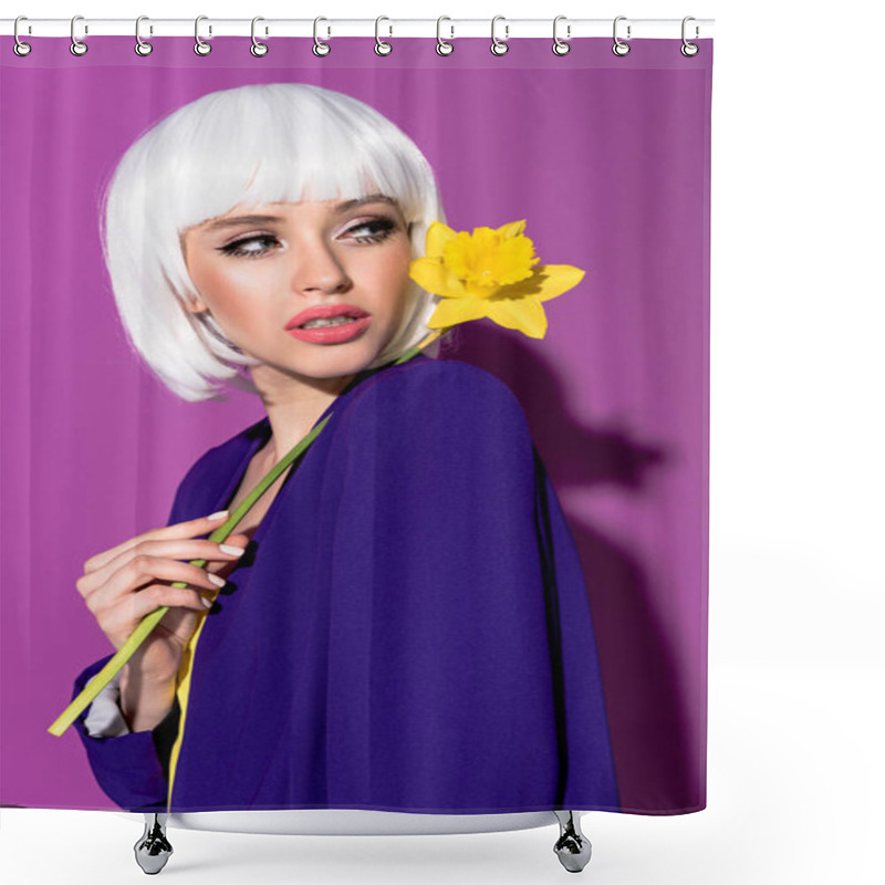 Personality  Sensual Young Woman In Wig Holding Yellow Flower On Purple Background Shower Curtains