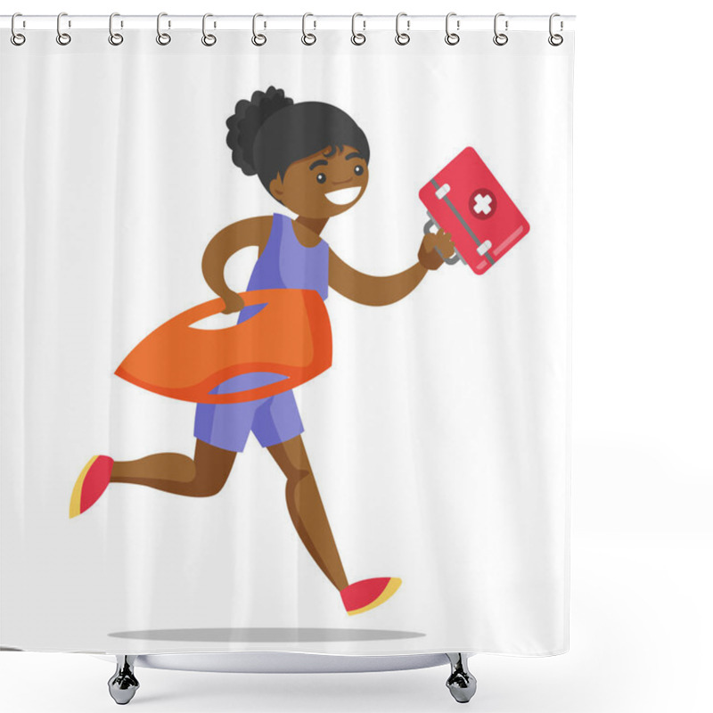 Personality  African Lifeguard Running With First Aid Box. Shower Curtains