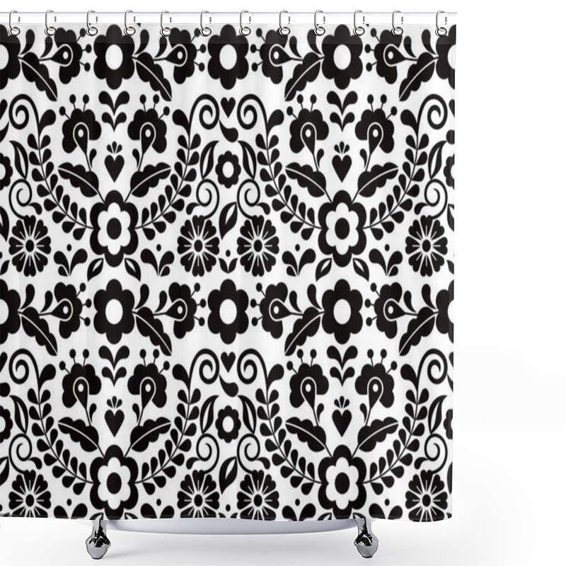 Personality  Seamless Vector Pattern With Mexican Floral Morif, Black And White Textile Or Fabric Print Design Inspired By Traditional Embroidery Crafts From Mexico  Shower Curtains