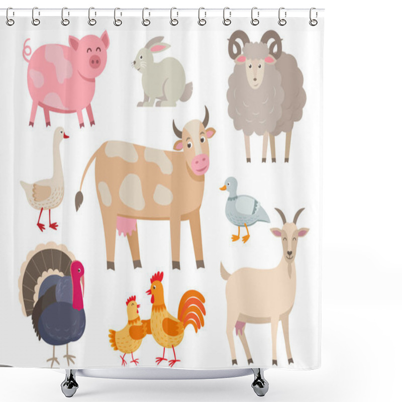 Personality  Farm Animals Vector Flat Collection Isolated On White Background. Set Of Animals Includes Cow, Pig, Goat, Sheep, Turkey, Rabbit, Duck, Hen, Rooster And Goose In Cartoon Design. Shower Curtains