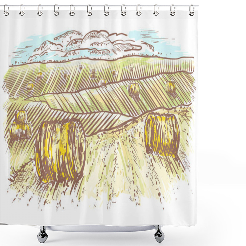 Personality  Rural Landscape Hand Drawn. Rolls Of Hay On Meadows Shower Curtains