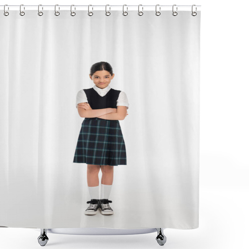 Personality  Full Length, Offended Schoolkid In Uniform Looking At Camera And Standing With Folded Arms On White Shower Curtains