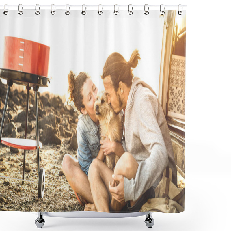 Personality  Hipster Couple And Cute Dog Relaxing By Travel On Oldtimer Mini Van Transport - Wander Lifestyle Concept With Indy People On Minivan Adventure Trip Having Fun At Barbecue Moment - Warm Sunshine Filter Shower Curtains