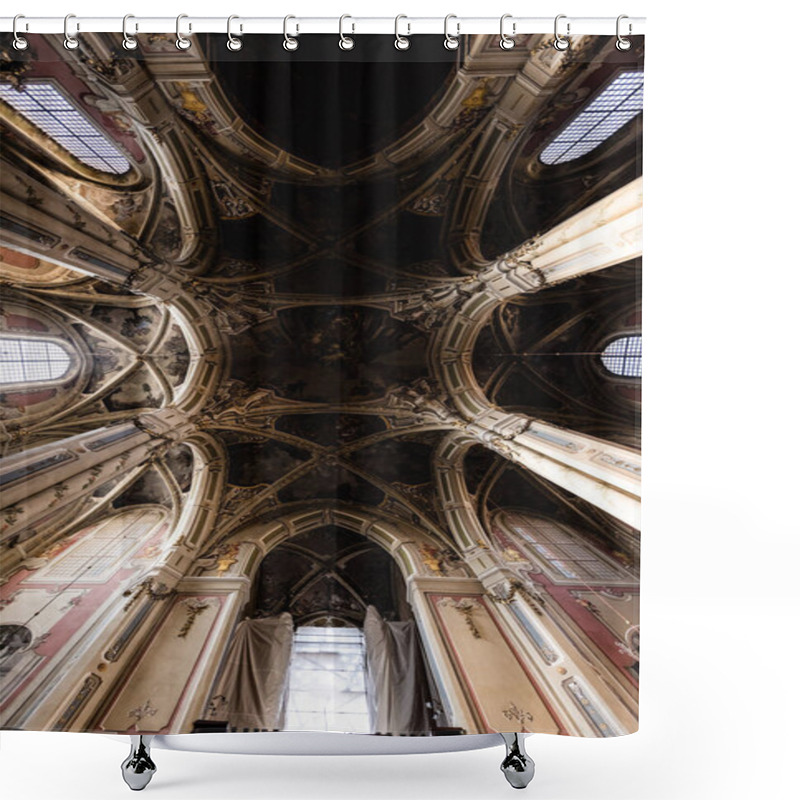 Personality  LVIV, UKRAINE - OCTOBER 23, 2019: Bottom View Of Columns And Dome Of Lviv Latin Cathedral Shower Curtains