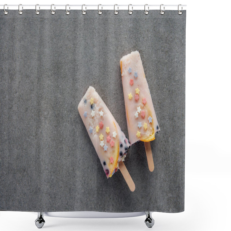 Personality  Top View Of Delicious Cold Popsicles On Sticks On Grey Background  Shower Curtains