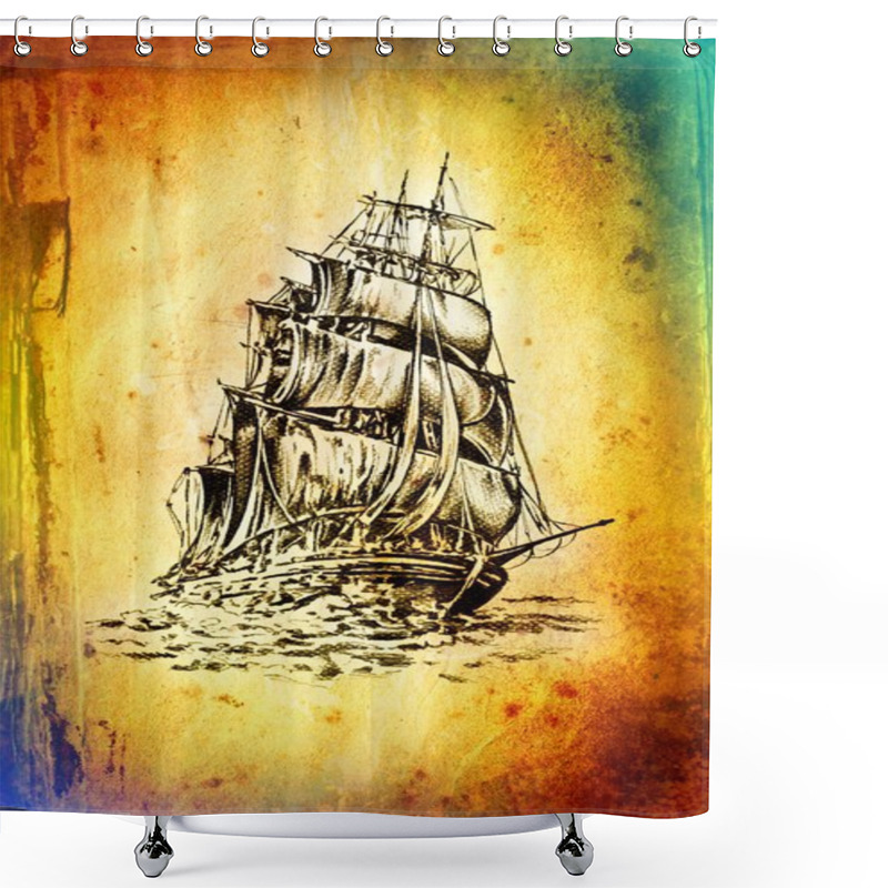 Personality  Antique Boat Sea Motive Drawing Handmade Shower Curtains