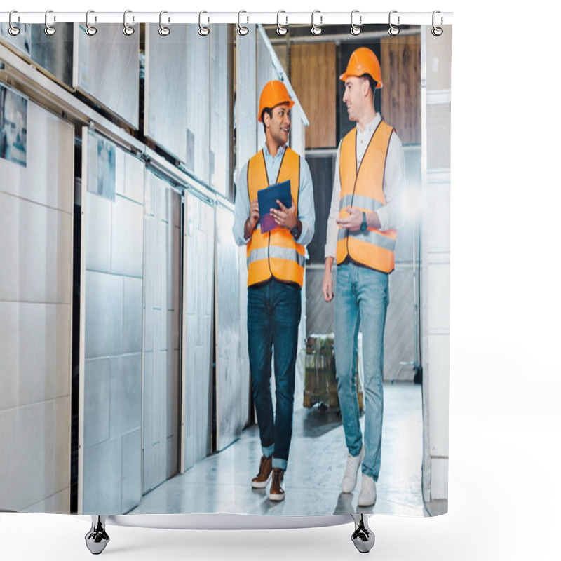 Personality  Cheerful Multicultural Warehouse Workers Talking In Tiles Department Shower Curtains