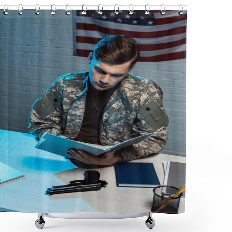 Personality  Handsome Soldier Holding Folder While Sitting In Modern Office  Shower Curtains