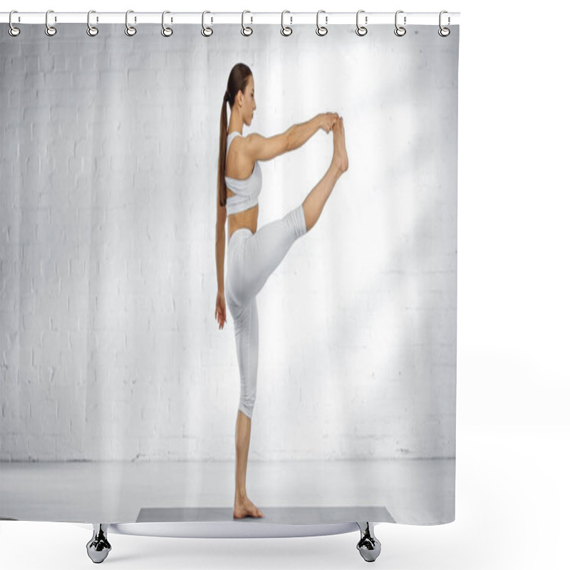 Personality  Side View Of Woman Standing In Dancing Shiva Pose On Yoga Mat  Shower Curtains