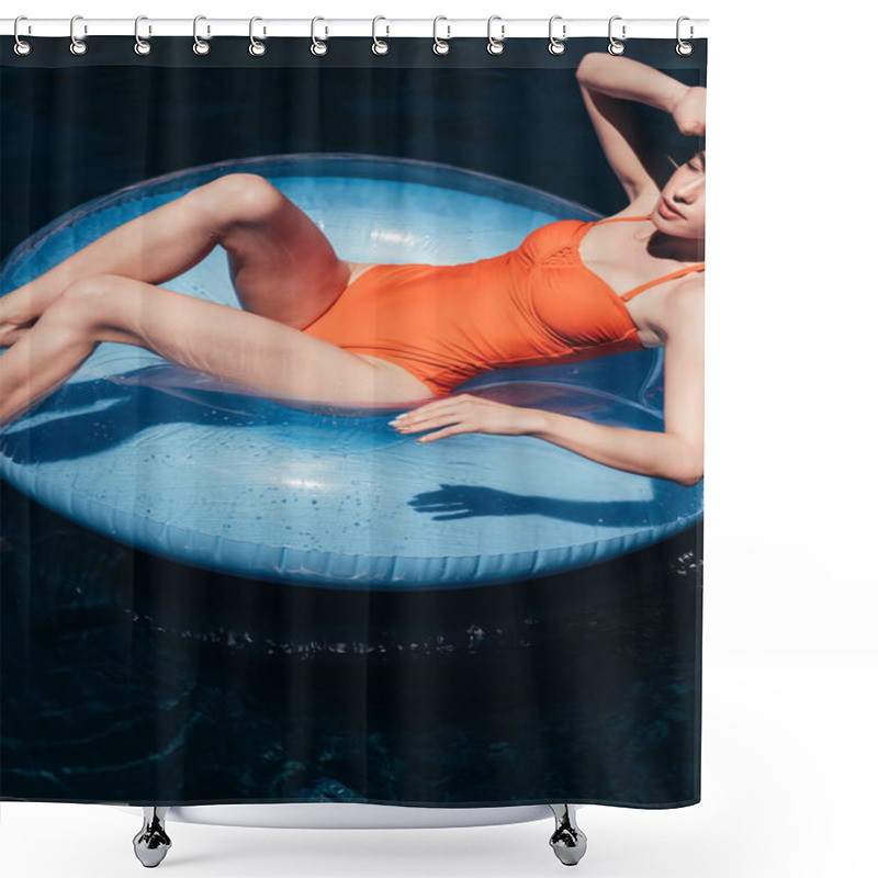 Personality  Partial View Of Young Woman Relaxing On Swim Ring In Swimming Pool Shower Curtains