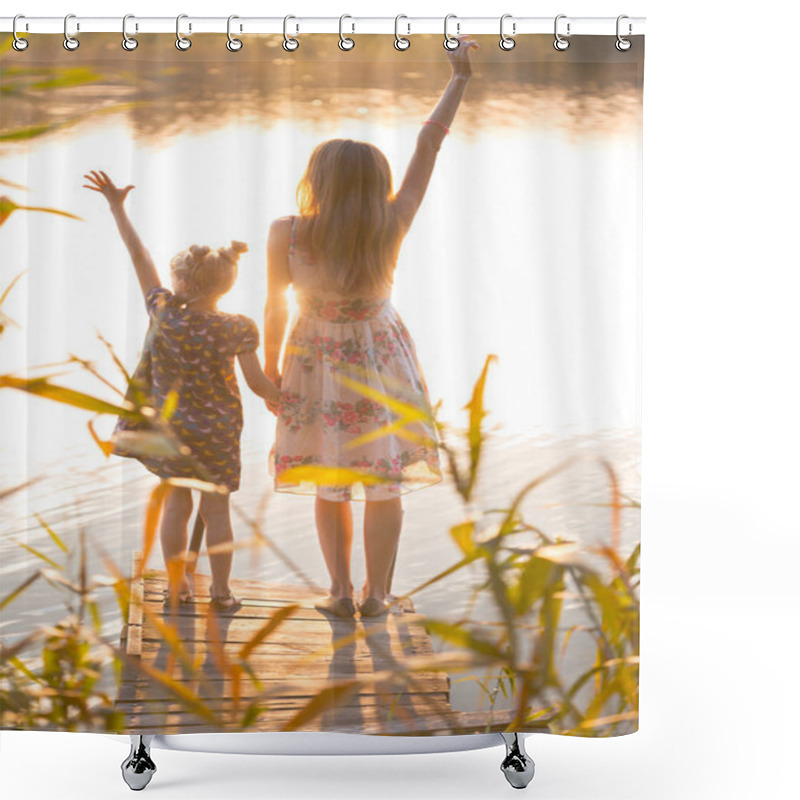 Personality  Mother And Daughter Standing On The Pier  Shower Curtains