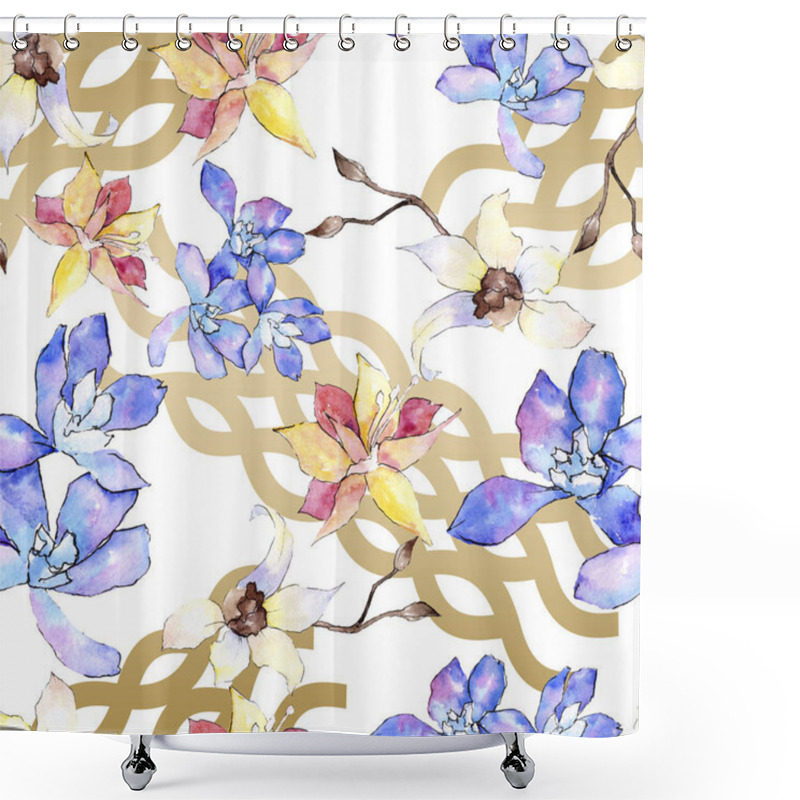 Personality  Purple, Yellow And White Orchid Flowers. Seamless Background Pattern. Fabric Wallpaper Print Texture. Watercolor Background Illustration. Shower Curtains