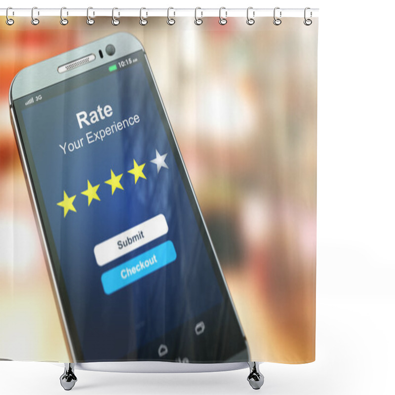 Personality  Smartphone Or Mobile Phone With Text Rate Your Experience On The Shower Curtains