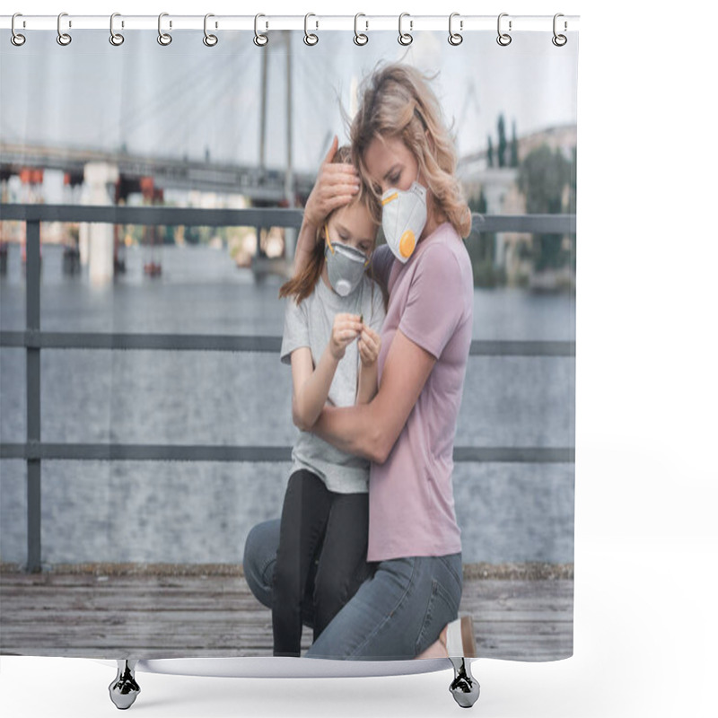 Personality  Mother In Protective Mask Hugging Daughter On Bridge, Air Pollution Concept Shower Curtains