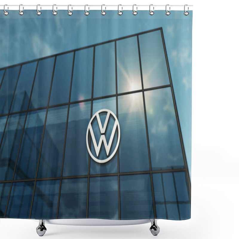 Personality  Wolfsburg, Germany, April 2, 2024: Volkswagen Car Producer Headquarters Glass Building Concept. Automobile Manufacturer Company Symbol Logo On Front Facade 3d Illustration. Shower Curtains