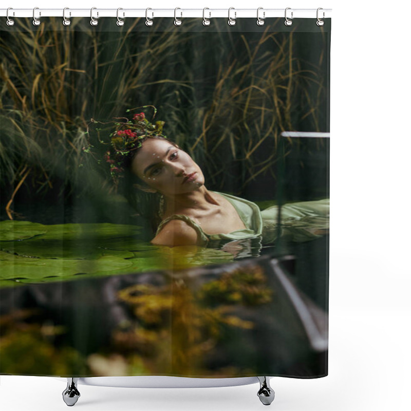 Personality  A Woman With A Flower Crown Stands In A Swamp, Eyes Closed, Surrounded By Lush Greenery. Shower Curtains