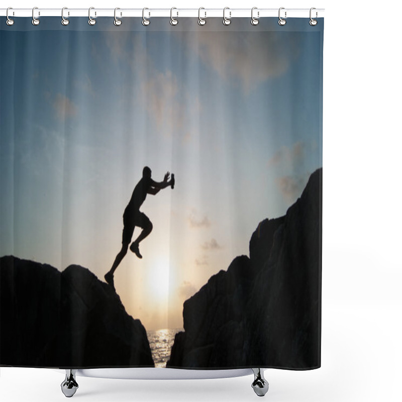 Personality  The Jumping Man On Rocks Shower Curtains