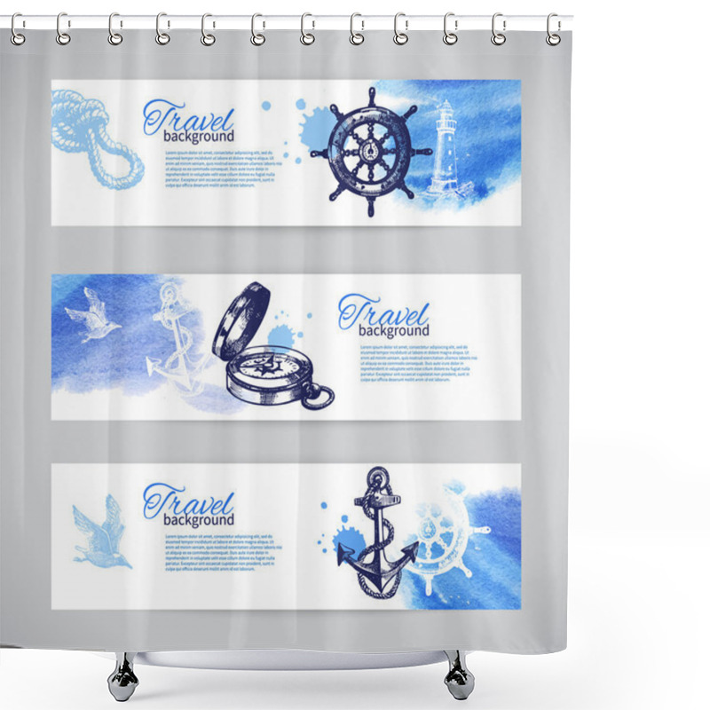 Personality  Set Of Travel Banners. Sea Nautical Design. Shower Curtains