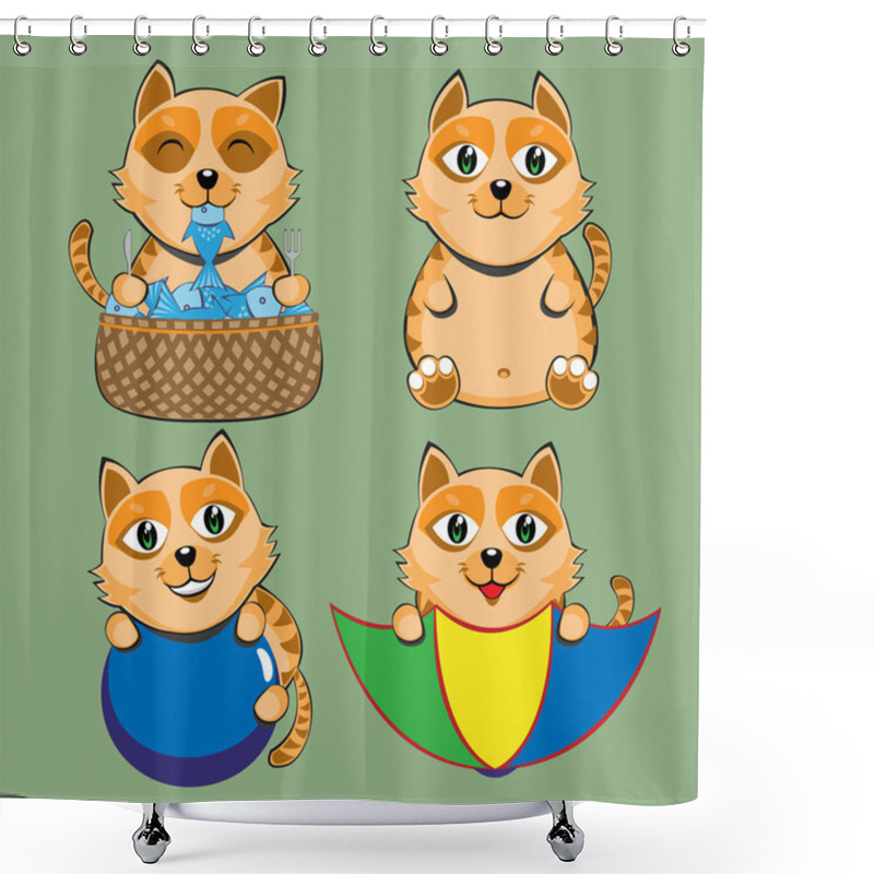 Personality  Cat Sit Eat Play Cute Cartoon Set Shower Curtains