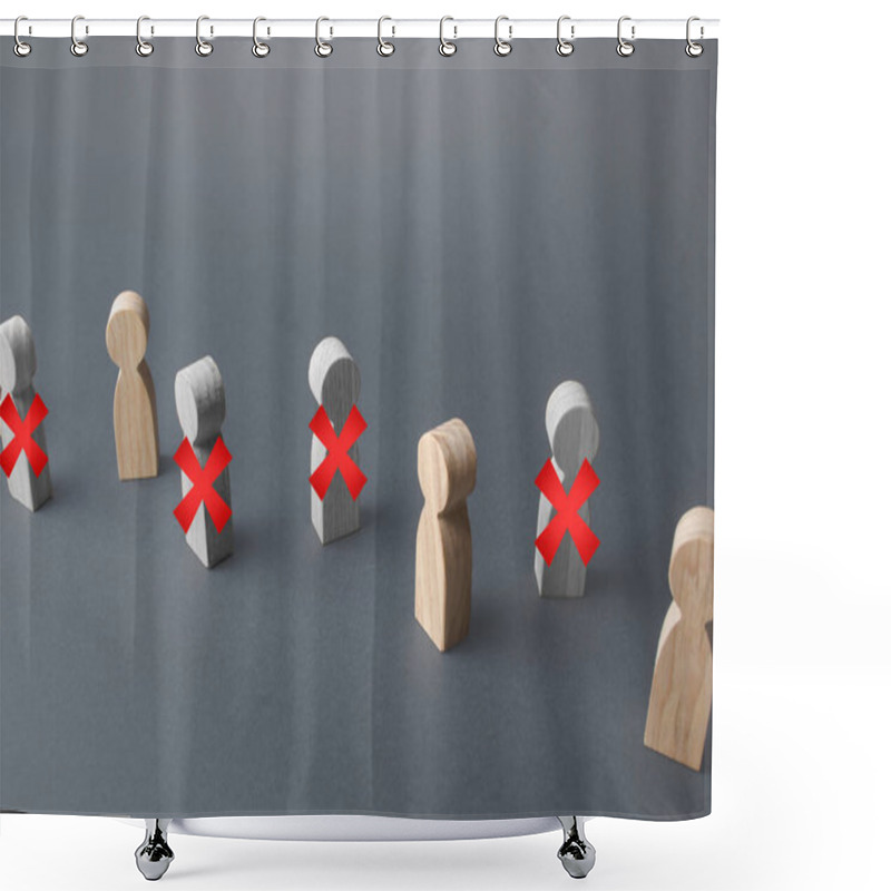 Personality  Line Of People With Red X. Loss Of Jobs And Massive Staff Employees Job Cuts. Reductions And Work Layoffs Due To Restrictive Quarantine And Pandemic. Unemployment And Crisis. Lay Off Employees Shower Curtains