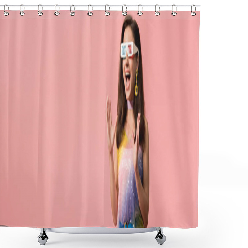 Personality  Excited Young Stylish Disco Girl In 3d Glasses Isolated On Pink, Panoramic Shot Shower Curtains