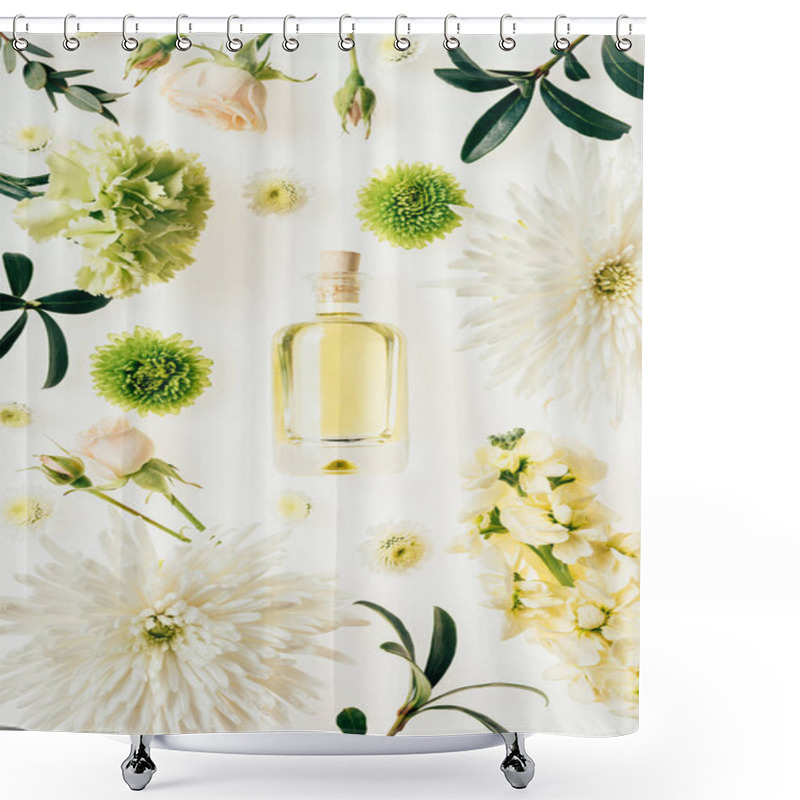 Personality  Top View Of Bottle Of Aromatic Perfume Surrounded With Flowers And Green Branches Isolated On White Shower Curtains