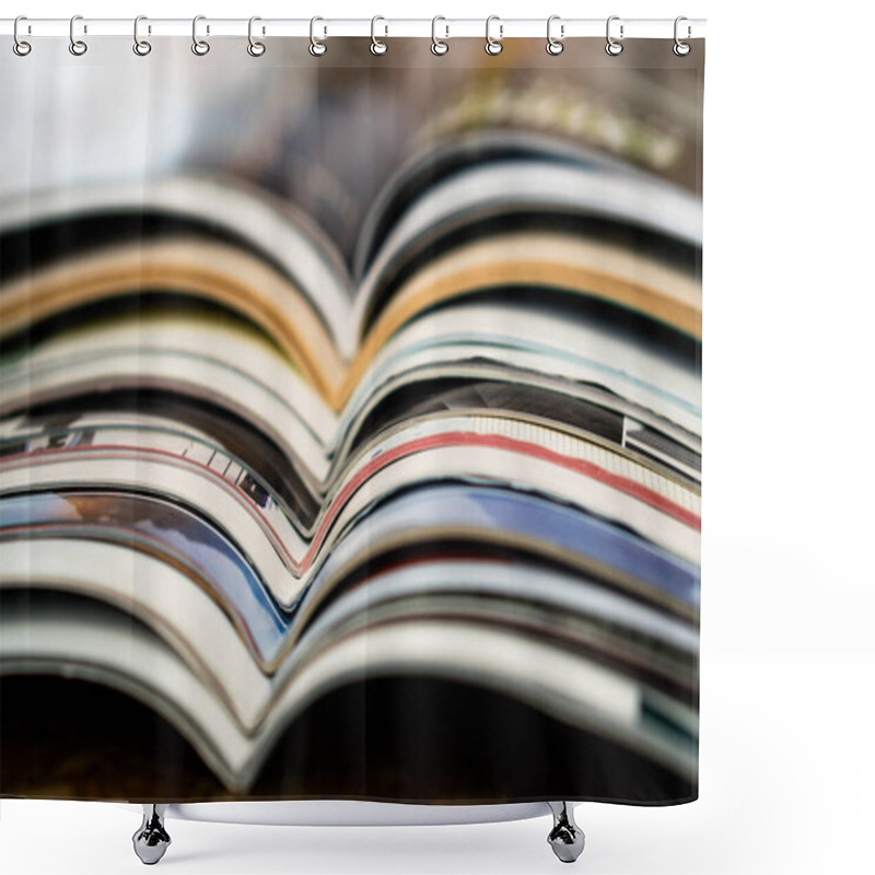 Personality  Closeup Background Of A Pile Of Old Magazines With Bending Pages Shower Curtains