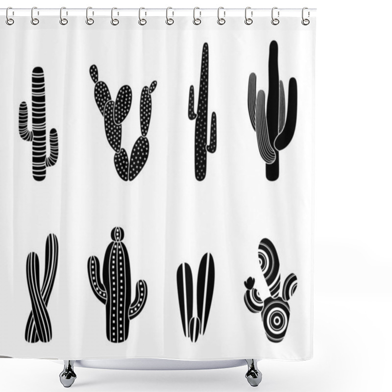 Personality  Black Silhouettes Of Cacti, Succulents, Aloes. Vector Illustration Isolated On A White Background. Cactus Icons. Mexican Desert Cactus, Tropical Plants, Summer Garden. Decorated Cacti Drawn By Hand Shower Curtains