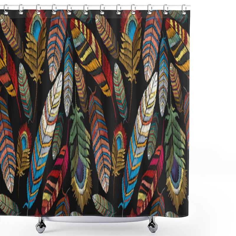 Personality  Feathers Embroidery Seamless Pattern. Beautiful Tropical Peacock Feathers Embroidery, Template Textiles, T-shirt Design Shower Curtains