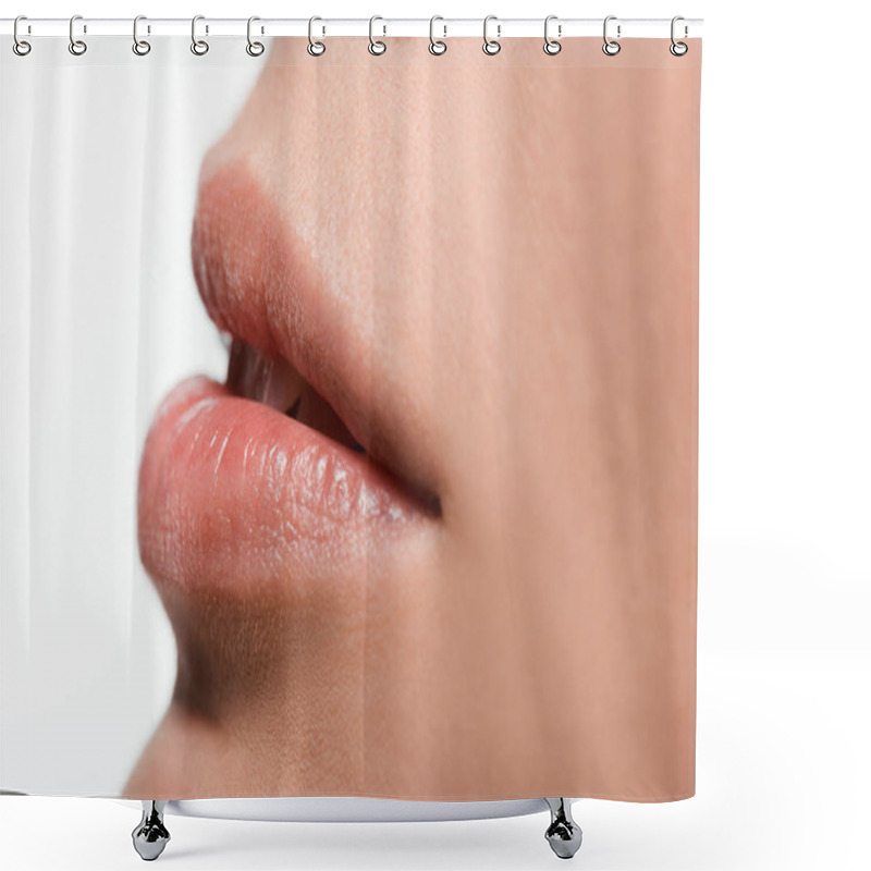 Personality  Close Up Of Young Woman With Shiny Lip Gloss On Lips Shower Curtains