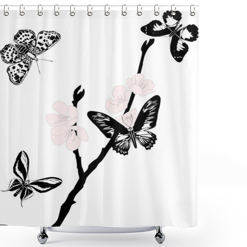 Personality  Pink Sakura Flowers And Black Butterflies Shower Curtains