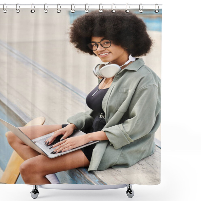 Personality  A Young Woman With Curly Hair Relaxes On A Bench, Engrossed In Her Laptop At A Vibrant Skate Park. Shower Curtains