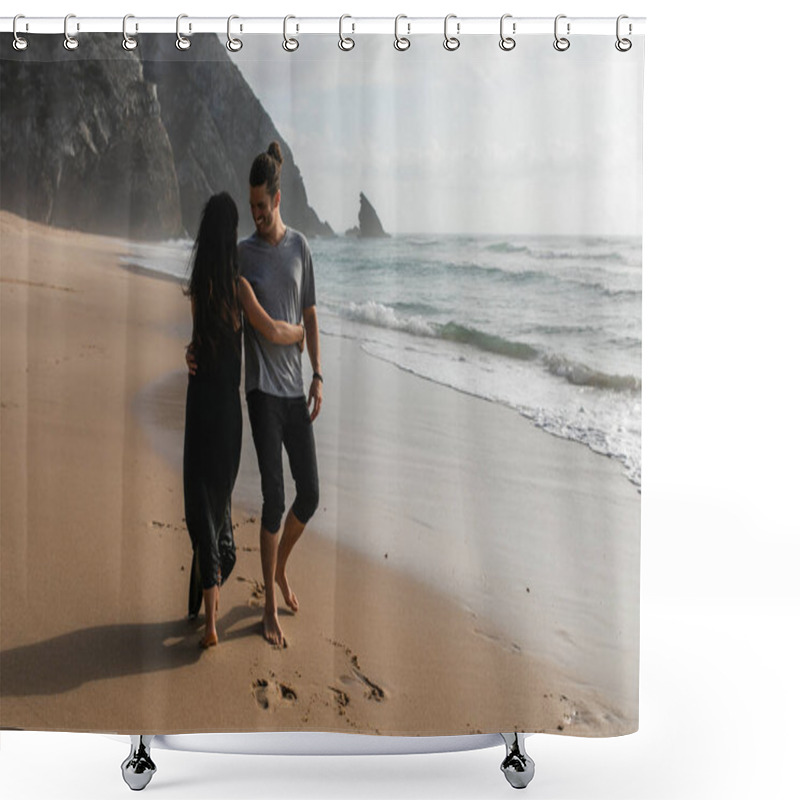 Personality  Happy Man Dancing With Girlfriend In Dress On Wet Sand Near Ocean Shower Curtains