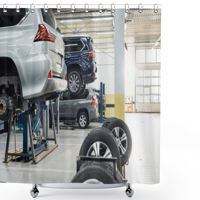 Personality  Modern Workshop With Automobiles Raised On Car Lifts On Blurred Foreground Shower Curtains