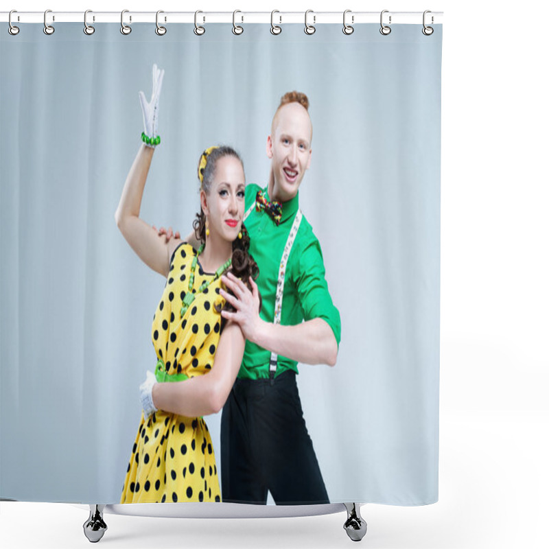 Personality  Portrait Lovely Funny Dancer Couple Dressed In Boogie-woogie Rock'n'roll Pin Up Style Shower Curtains