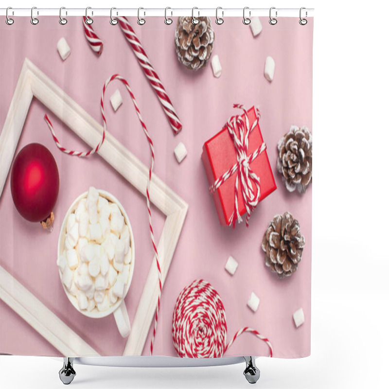 Personality  White Mug With Marshmallows Candy Cane Gifts Boxes Red Ball Packaging Lace Photo Frame On Pink Background Top View Flat Lay Winter Traditional Drink Food. Festive Decor Celebration Christmas New Year Holiday Shower Curtains