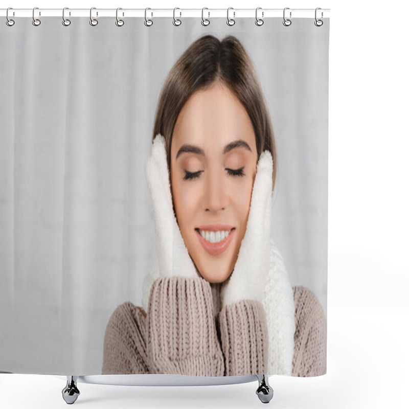 Personality  Young Woman In Cozy Sweater, Gloves And Scarf Smiling With Closed Eyes On White Background Shower Curtains