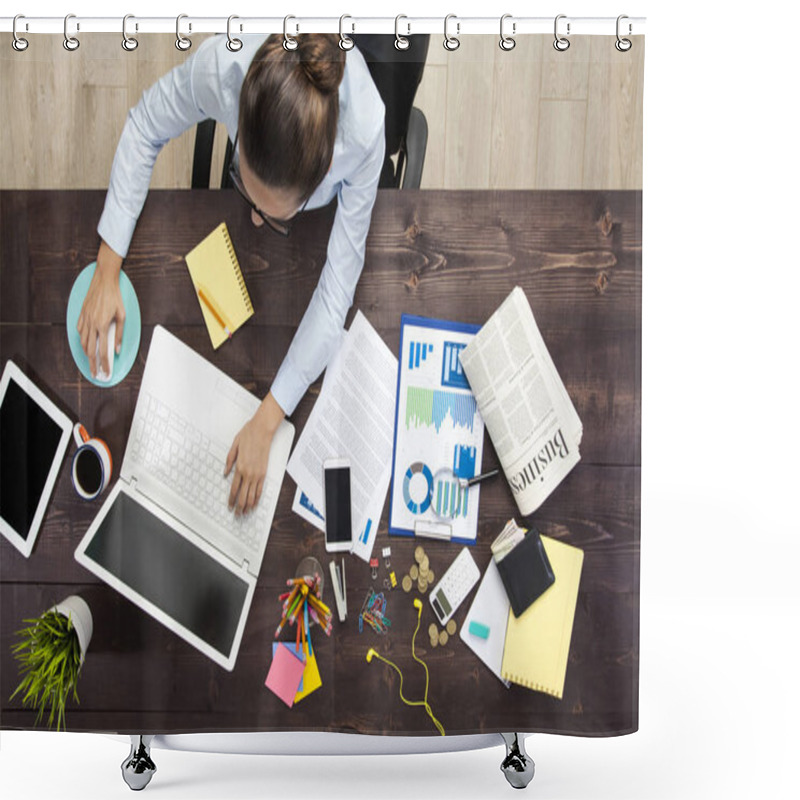 Personality  Businesswoman Working At Notebook Shower Curtains