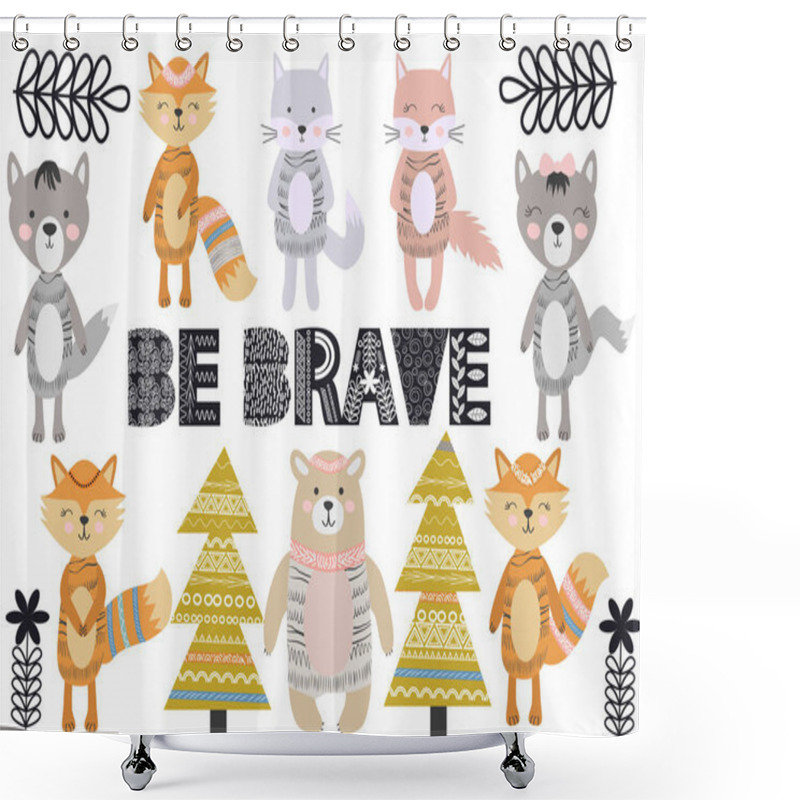 Personality  Cute Scandinavian Style Animals And Design Elements Shower Curtains